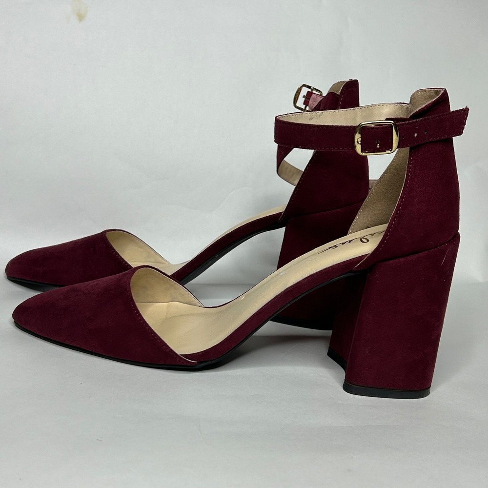 Lulus Womens Size 11 Burgundy Faux‎ Suede Pointed Toe Ankle Strap Block Heels